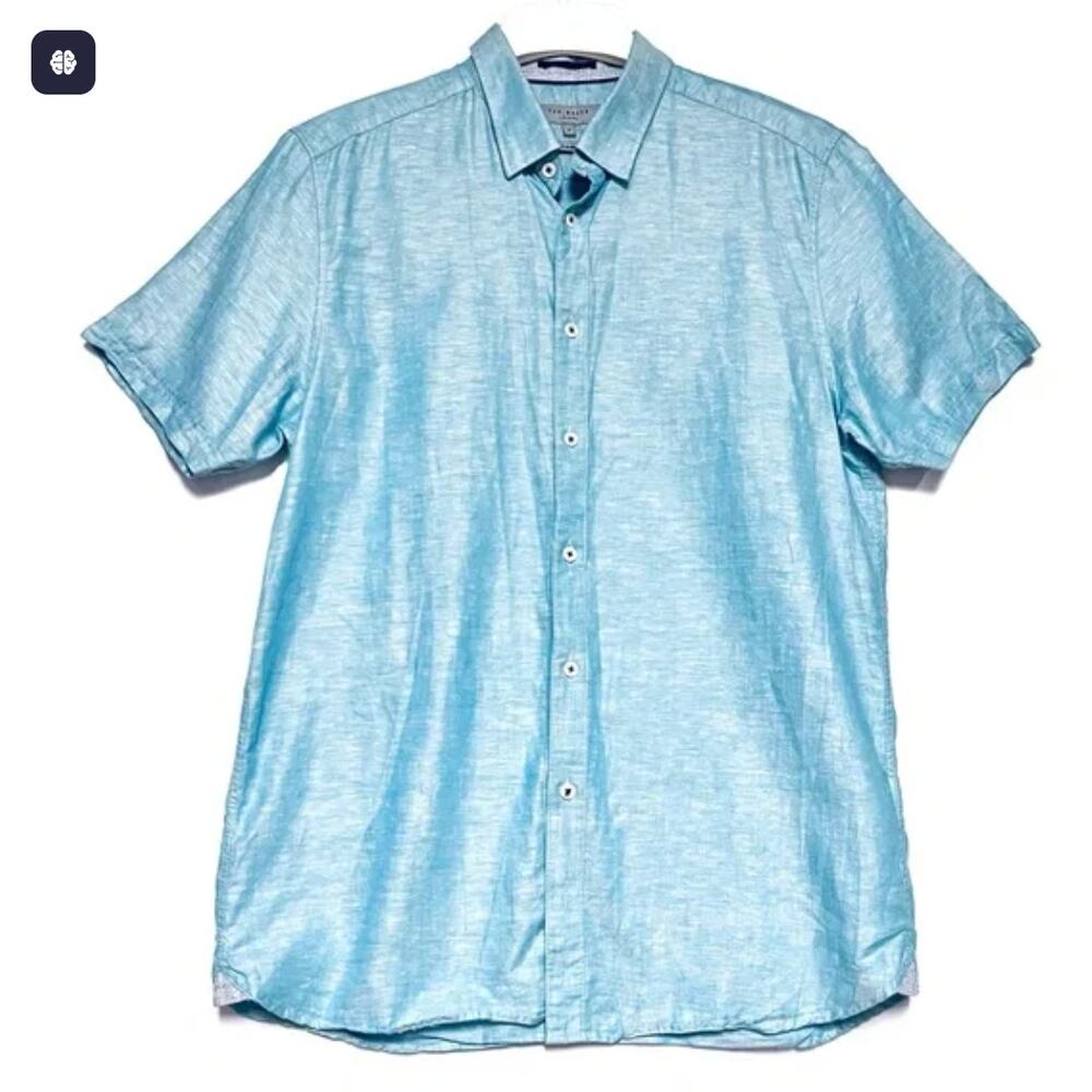 Ted Baker Mens Shirt Linen Blend Button Down Iridescent Blue Large Beach Preppy